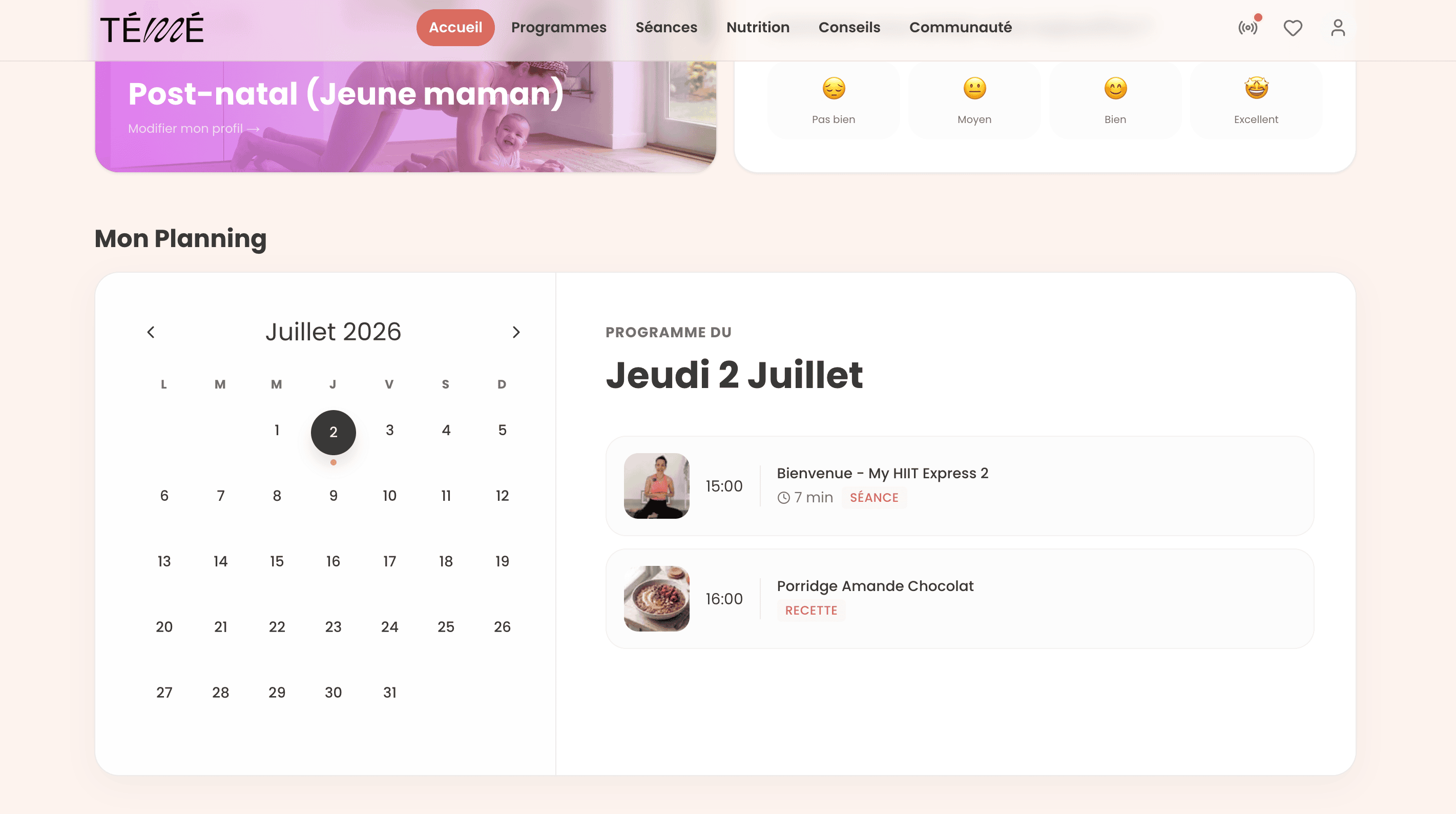 Planning hebdomadaire dans l'application Studio Témé